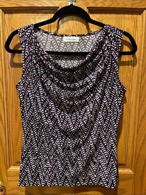Calvin Klein Purple Black White Patterned Cowl Neck Tank